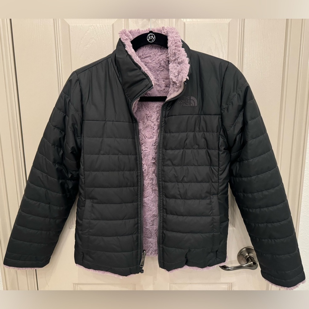 The North Face Girls Black and Purple Puffer Jacket.